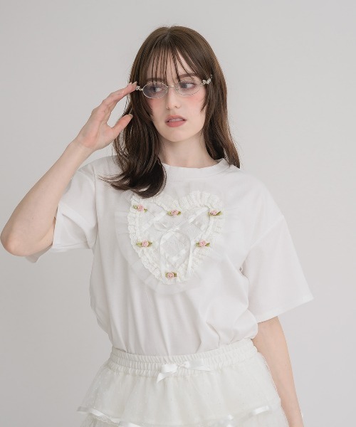 tシャツ Lace and tulle frill heart T-shirt レディース