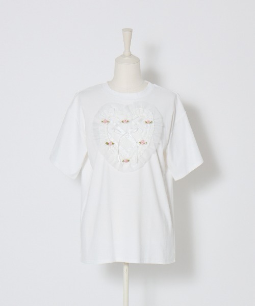 Lolime by mellfy memory tシャツ Lace and tulle frill heart T-shirt 
