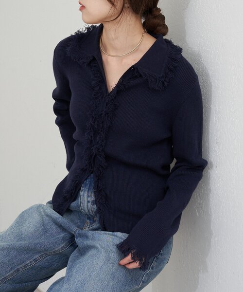 SHENERY シーナリーカシミアウール　ダークネイビー カーディガン サイズF SHENERY（シーナリー） カーディガン フリンジカーディガン レディース