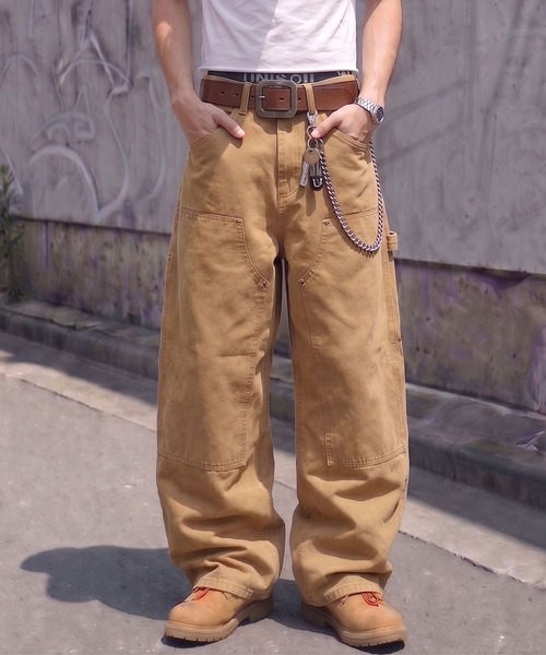 レザー　バギーパンツ　ワイドパンツ　ダブルニー SPINNS（スピンズ） ワイドパンツ パンツ ダックバギーパンツ