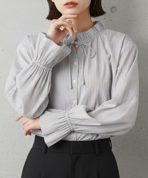 ブラウス シャツ Idnes 上品な甘さをまとう ストライプフリルブラウス