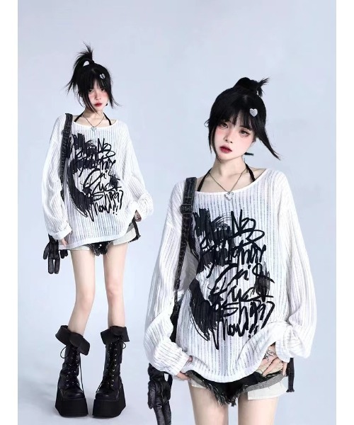 コメント必須レディース長袖　ピチTホワイト y2k ギャル　ブラックS tシャツ Y2K ロゴプリント 長袖 レディース : ZOZOTOWN Yahoo!店