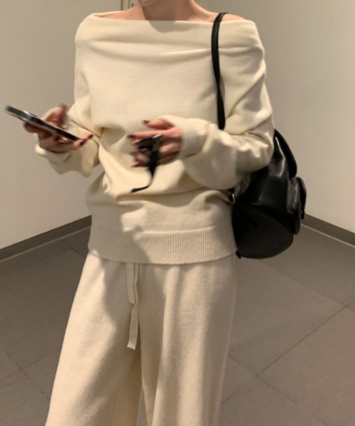 Aelina セットアップ ボートネックセーターニット＋ワイドパンツ