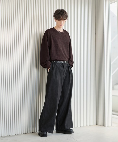 ワイドパンツ ジーンズ WASH-FAST 2タックセンタープレスデニム