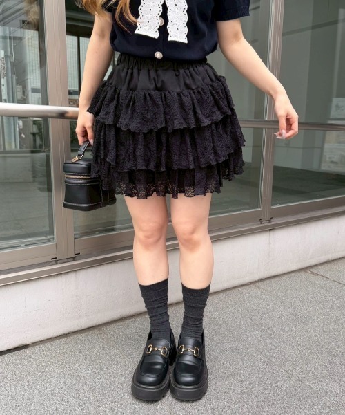 フリル付きブラックミニスカート S ANOTHER BRANCH OLIVE des OLIVE スカート ティアードミニスカート