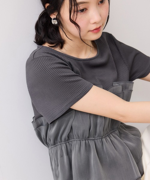 tシャツ チェック＆無地ビスチェドッキング半袖プルオーバー/イージーケア レディースの画像