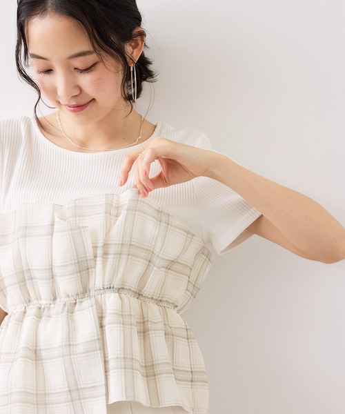 tシャツ チェック＆無地ビスチェドッキング半袖プルオーバー/イージーケア レディースの画像