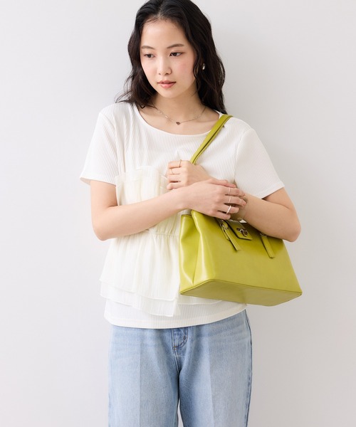 tシャツ チェック＆無地ビスチェドッキング半袖プルオーバー/イージーケア レディースの画像
