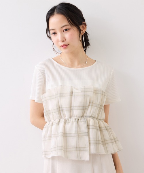 tシャツ チェック＆無地ビスチェドッキング半袖プルオーバー/イージーケア レディースの画像