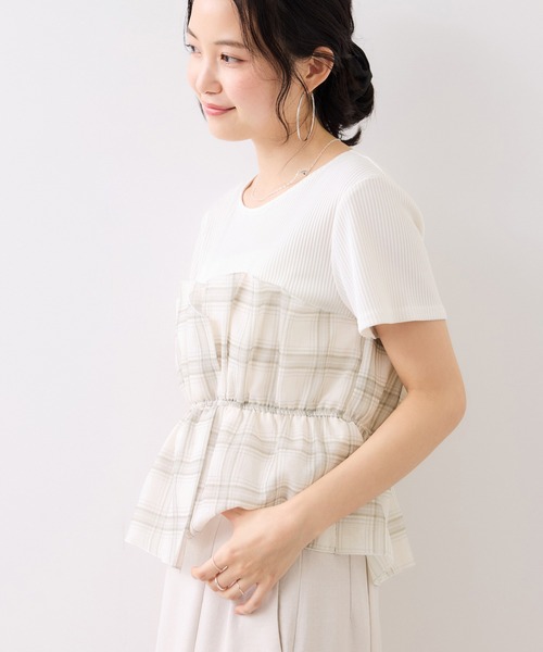 tシャツ チェック＆無地ビスチェドッキング半袖プルオーバー/イージーケア レディースの画像