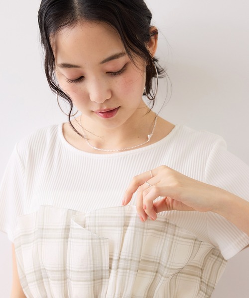 tシャツ チェック＆無地ビスチェドッキング半袖プルオーバー/イージーケア レディースの画像