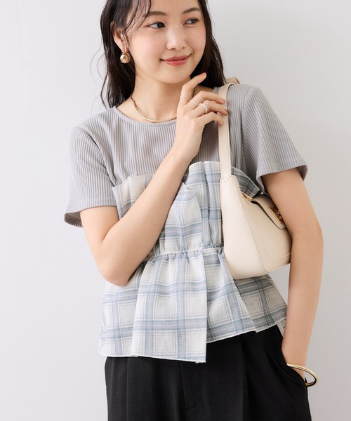 tシャツ チェック＆無地ビスチェドッキング半袖プルオーバー/イージーケア レディースの画像