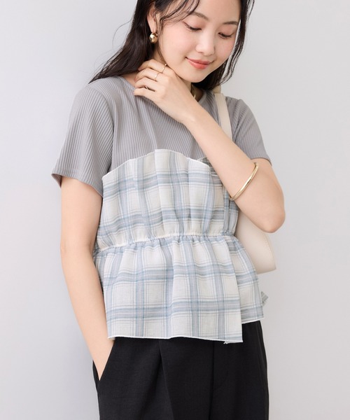tシャツ チェック＆無地ビスチェドッキング半袖プルオーバー/イージーケア レディースの画像