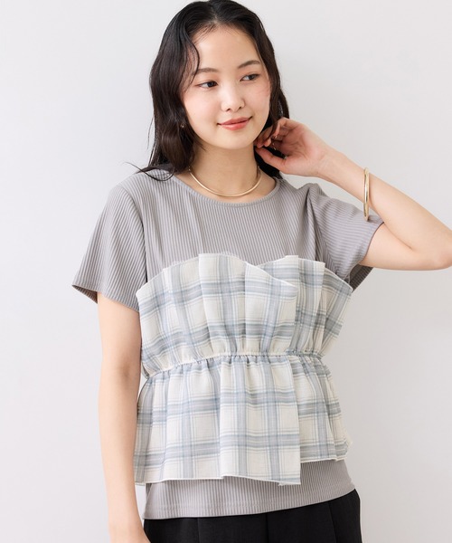 tシャツ チェック＆無地ビスチェドッキング半袖プルオーバー/イージーケア レディースの画像