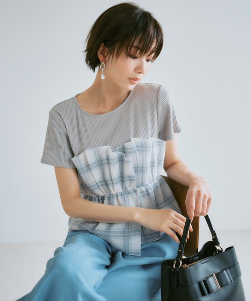 tシャツ チェック＆無地ビスチェドッキング半袖プルオーバー/イージーケア レディースの画像