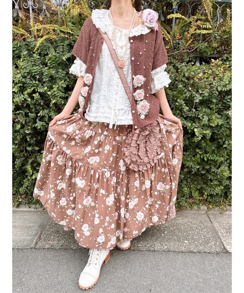 【希少美品】PINK HOUSE　ピンク バラ柄ティアード段々ロングスカート PINK HOUSE（ピンクハウス） ロング スカート Rose Pearlプリント