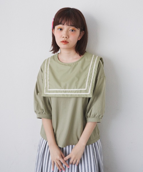 tシャツ トラベルライン タイ付きトップス レディース MERLOT tシャツ Tシャツ スクエアラインBIGセーラーカラー