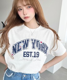 moment+ tシャツ 綿100%天竺.ロゴプリント＆フラワー刺繍半袖Tシャツ
