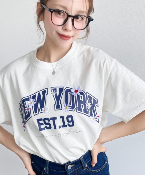 レオナール Tシャツ ロゴ ドット 花 フラワー プリント 半袖 紺/FE3 レオナールファッション Tシャツ カットソー コットン フラワー