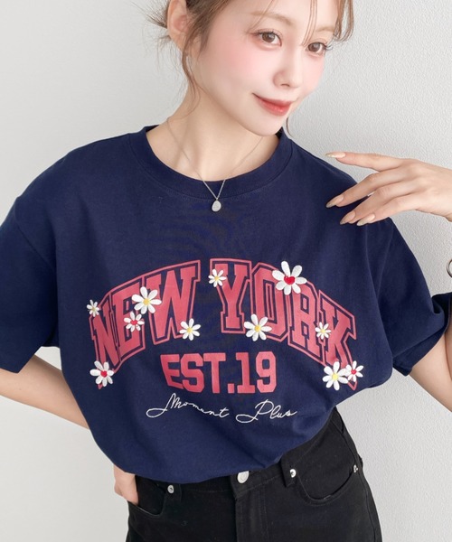 レオナール Tシャツ ロゴ ドット 花 フラワー プリント 半袖 紺/FE3 レオナールファッション Tシャツ カットソー コットン フラワー