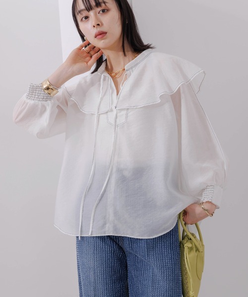 ブラウス シャツ ステッチ配色フリルカラーシアーブラウス レディース ステッチ配色フリルカラーシアーブラウス Eimee Law│Eimee Law