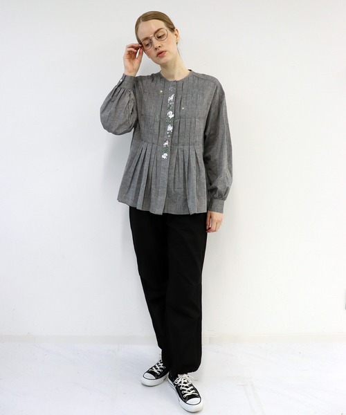 ハウピア　８分丈　刺繍ブラウス haupia ブラウス シャツ にっこり ほっこり「刺しゅうブラウス