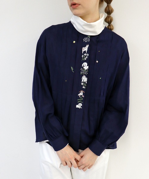 ハウピア　８分丈　刺繍ブラウス haupia ブラウス シャツ にっこり ほっこり「刺しゅうブラウス