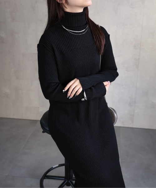 ap retro ワンピース ハイネックリブニットワンピース ロング丈/アウト