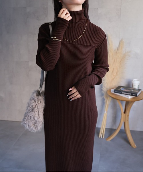 ap retro ワンピース ハイネックリブニットワンピース ロング丈/アウト