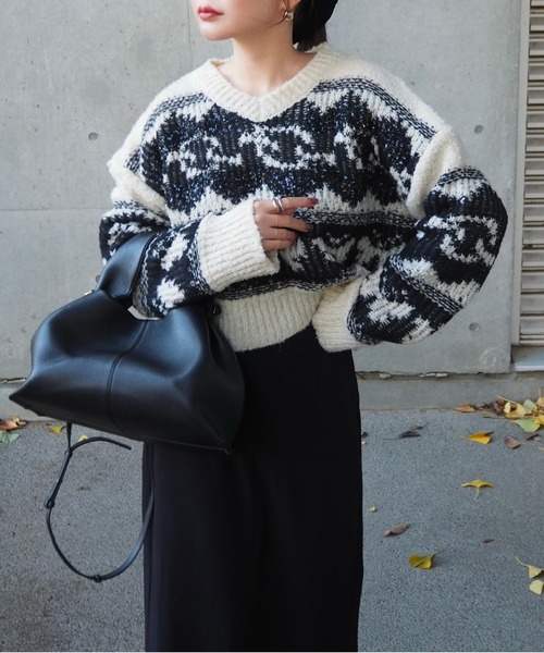 ニット セーター nordic pattern V-neck short knit tops ニット セーター nordic pattern V-neck short knit tops