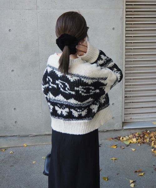 ニット セーター nordic pattern V-neck short knit tops 