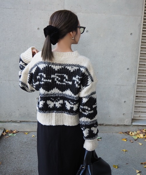 ニット セーター nordic pattern V-neck short knit tops