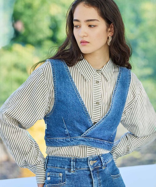 【おかゆ】バックリボンデニムビスチェ バックリボンデニムビスチェ（BLACK） - PINUE