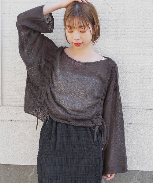ニット セーター ペーパーヤーンUネックプルオーバー レディース DouDou ニット セーター ペーパーヤーンプルオーバー レディース