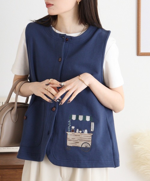 ベスト ジレ EMAGO コーヒーショップ刺繍ベスト レディース