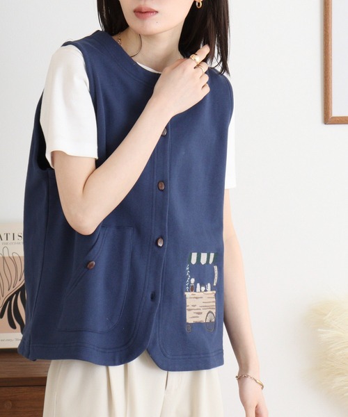 ベスト ジレ EMAGO コーヒーショップ刺繍ベスト レディース Emago ベスト ジレ EMAGO コーヒーショップ刺繍ベスト