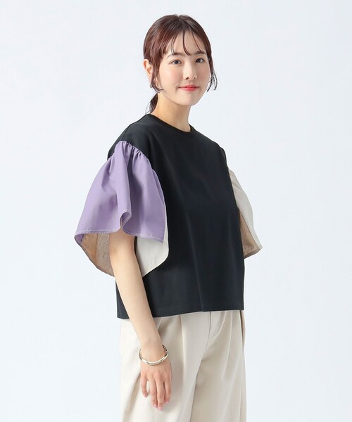 tシャツ 袖 フレア 配色 プルオーバー レディース