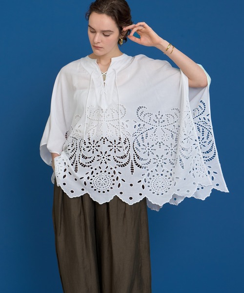 ブラウス シャツ シフリー刺繍ポンチョブラウス レディース
