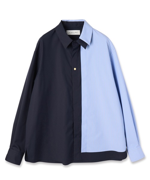 CULLNI ストライプ 半袖シャツ 黒 CULLNI シャツ Melange Stripe Twill Asymmetrical Short Sleeve