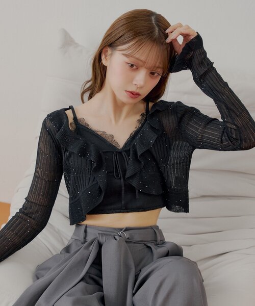 Chico（チコ） カーディガン フロントボタンシアーフリルボレロ