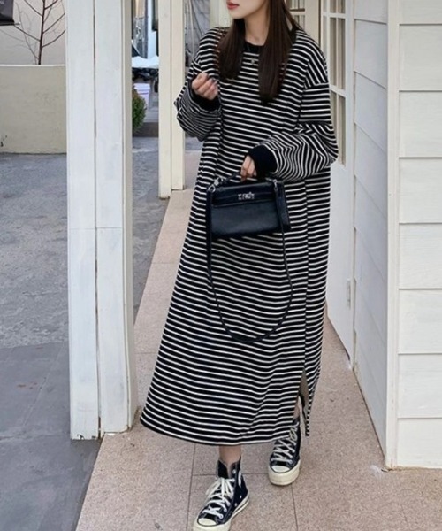 cammie ワンピース サイドスリットボーダーロングワンピース