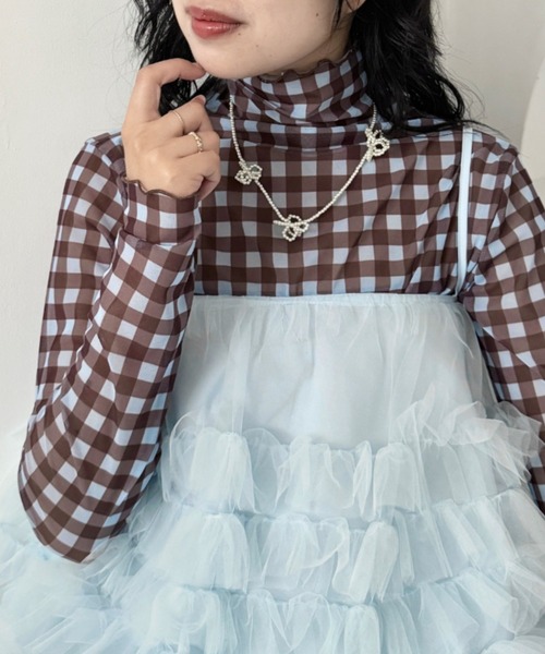 SOLLON.（ソルロン） tシャツ チェックシアーハイネックトップス