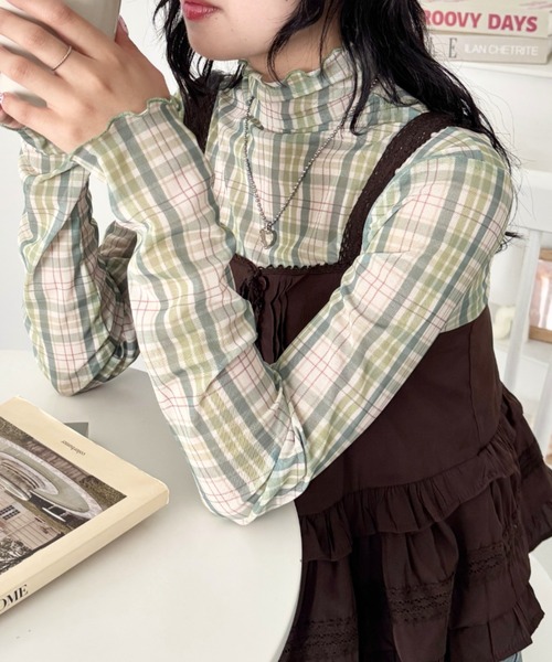 SOLLON.（ソルロン） tシャツ チェックシアーハイネックトップス