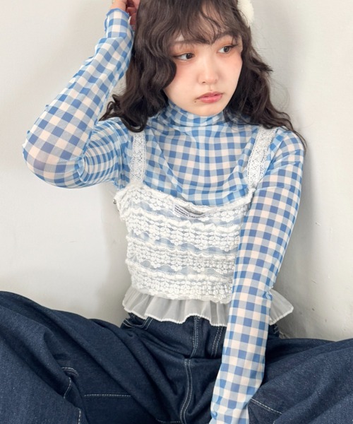 SOLLON.（ソルロン） tシャツ ギンガムチェックシアーハイネック