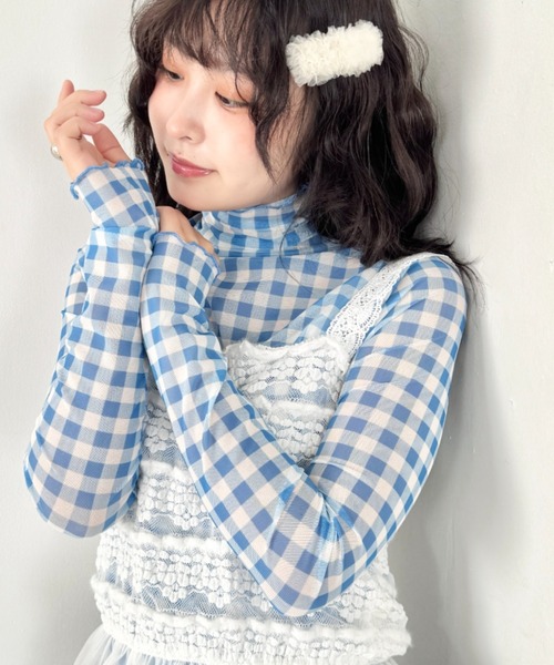 SOLLON.（ソルロン） tシャツ ギンガムチェックシアーハイネック