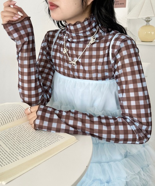SOLLON.（ソルロン） tシャツ チェックシアーハイネックトップス