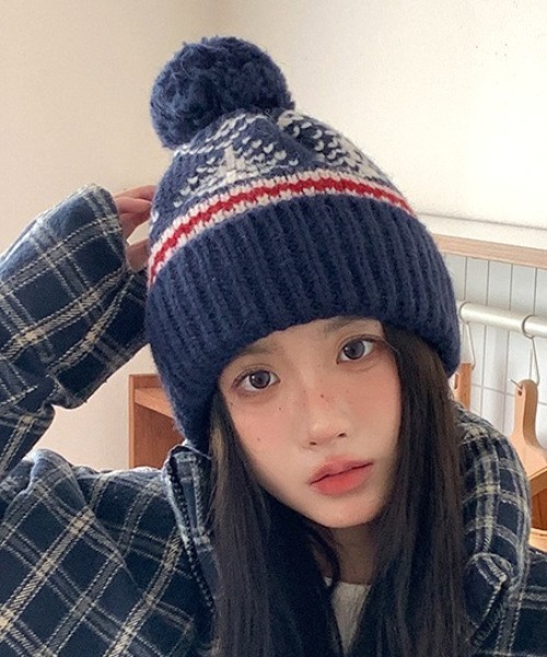 ニット帽 ニットキャップ フェアアイル柄ポンポンニット帽 レディース