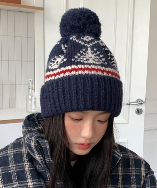 ニット帽 ニットキャップ フェアアイル柄ポンポンニット帽
