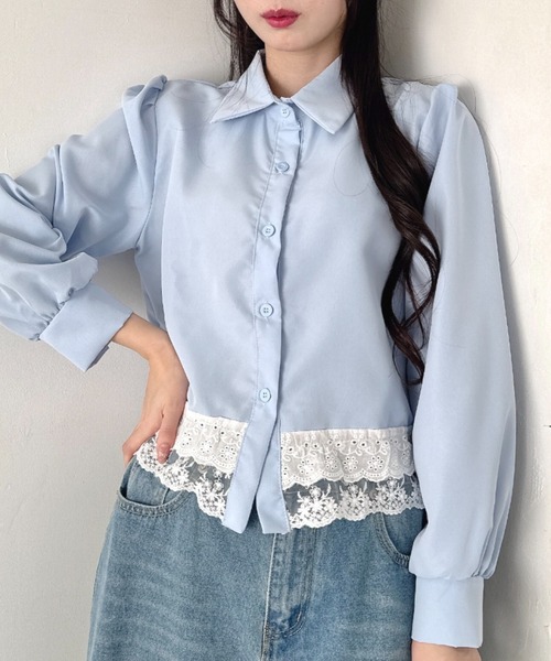 Loueme ブラウス シャツ コットンレース裾フリルシャツ レディース