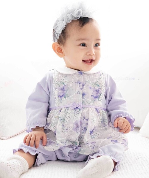 ベビー服 ロンパース 「お揃い」オーガンジー花柄プリントスカート付き長袖カバーオール